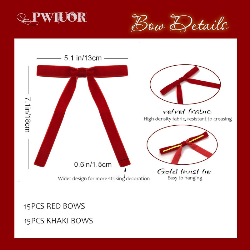 Pwiuor 30 Pcs Velvet Christmas Tree Bows Decorations, Vintage Velvet Ribbon Bows with Twist Tie for Wreath Garland Gift Wrapping Indoor Outdoor Decor(Red & Khaki) - Image 5